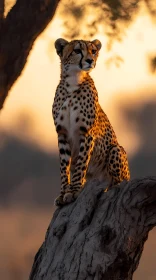 Cheetah on a Tree Trunk in Sunset