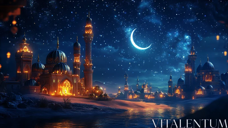 AI ART Illuminated Mosque with Crescent Moon