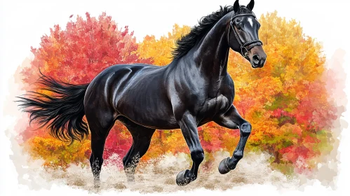 Galloping Black Horse with Autumn Foliage