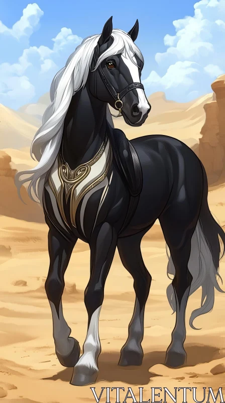 Elegant Black Horse with White Mane AI Image