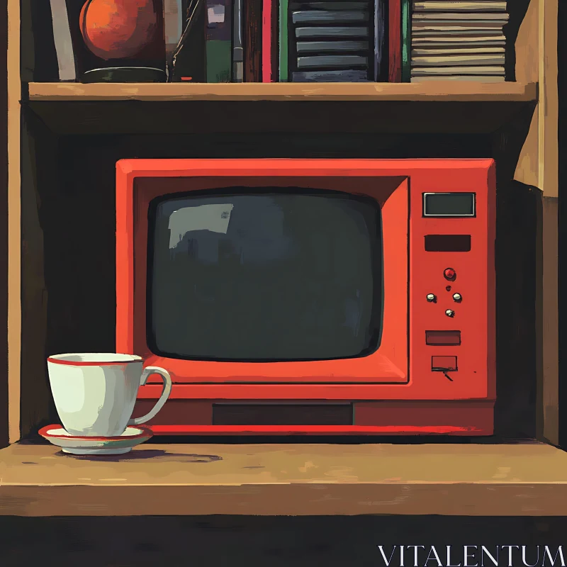 Vintage TV and Cup on Wooden Shelf AI Image