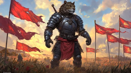 Armored Tiger Warrior Amidst Red Banners