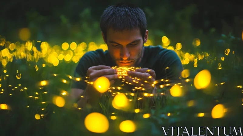 AI ART Glowing Fireflies Held by a Man