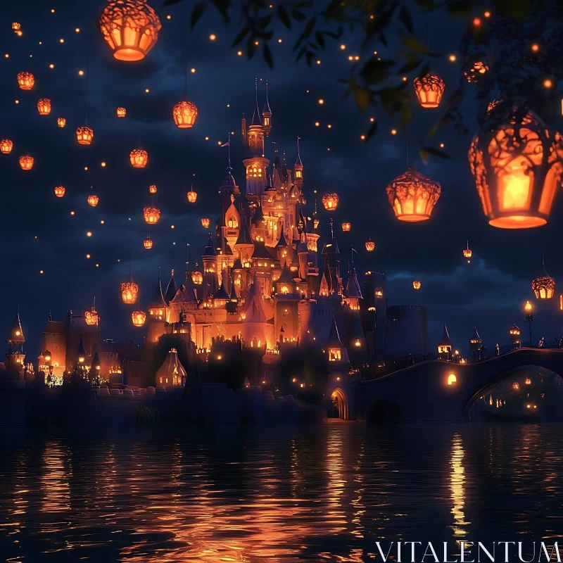 Nighttime Castle Illumination with Lanterns AI Image