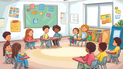 Cartoon Children in Classroom Illustration