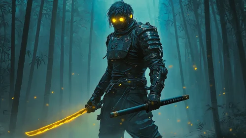 Armored Ninja with Katana in Dark Forest