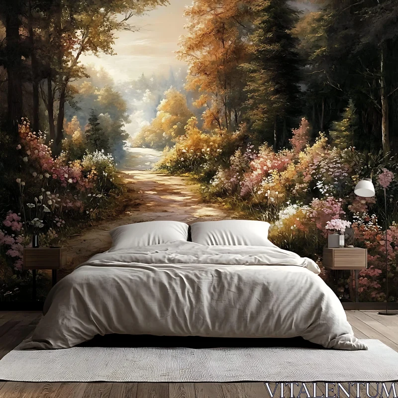 Serene Forest Pathway Mural in Cozy Bedroom AI Image