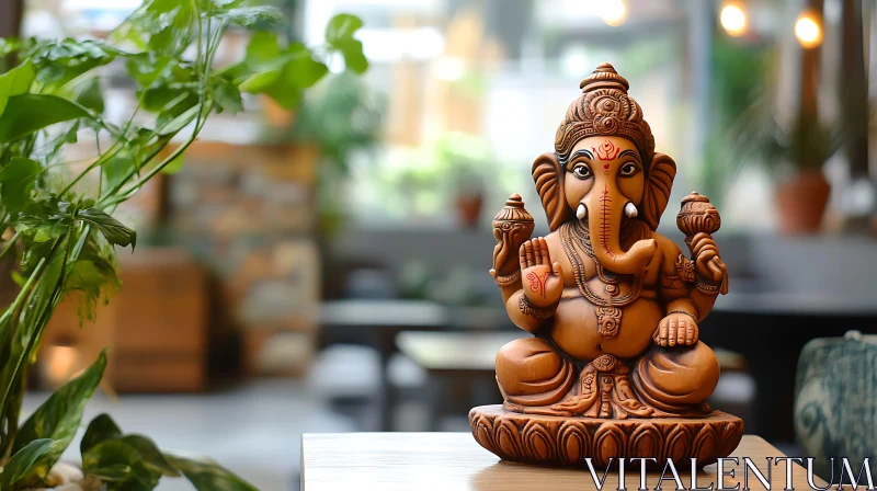 Ganesha Sculpture and Plant Composition AI Image