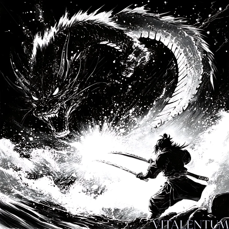 Monochrome Dragon Confrontation AI Image