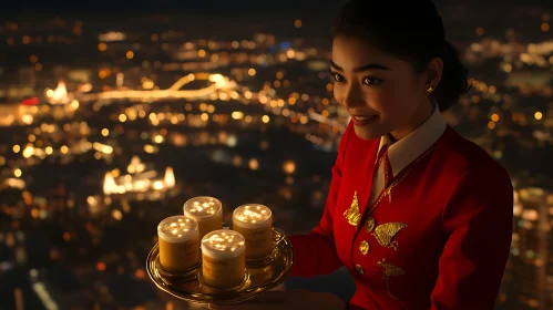 Night Cityscape with Woman Holding Tray of Candlelit Drinks