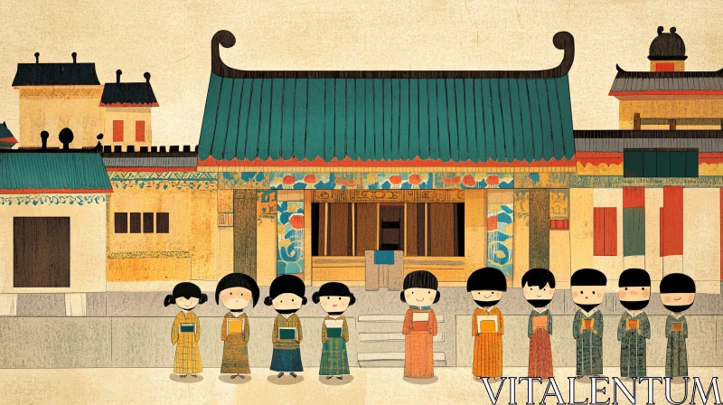 Whimsical Asian Building and Children Art AI Image