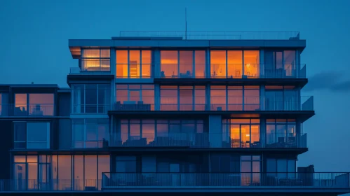 Evening Urban Glass Architecture with Illuminated Windows