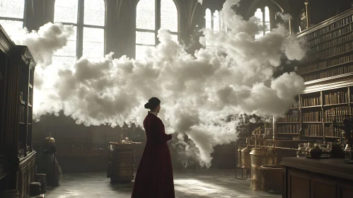 Woman and Smoke in an Old Library