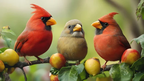 Birds on Branch with Fruits