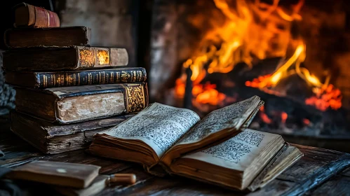 Antique Books by Fireplace Still Life