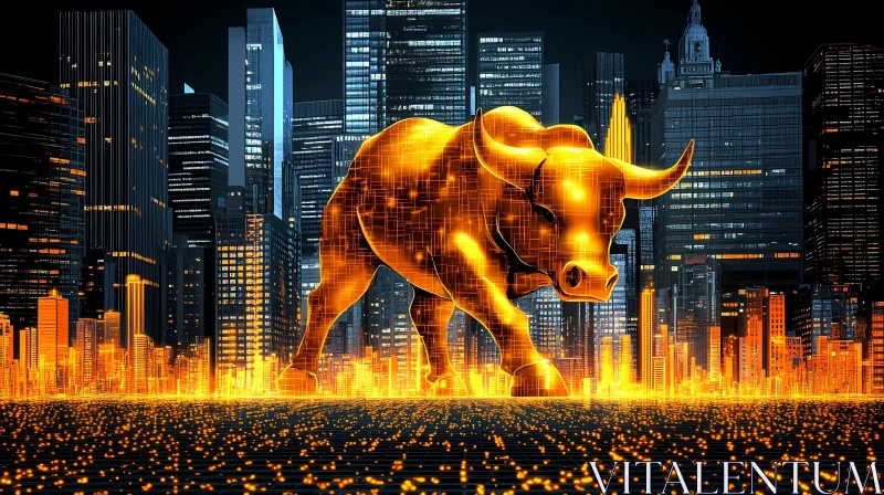 Illuminated Bull with Skyline AI Image