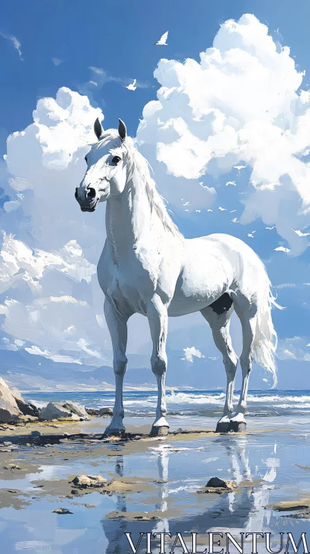 White Horse with Cloudy Sky AI Image