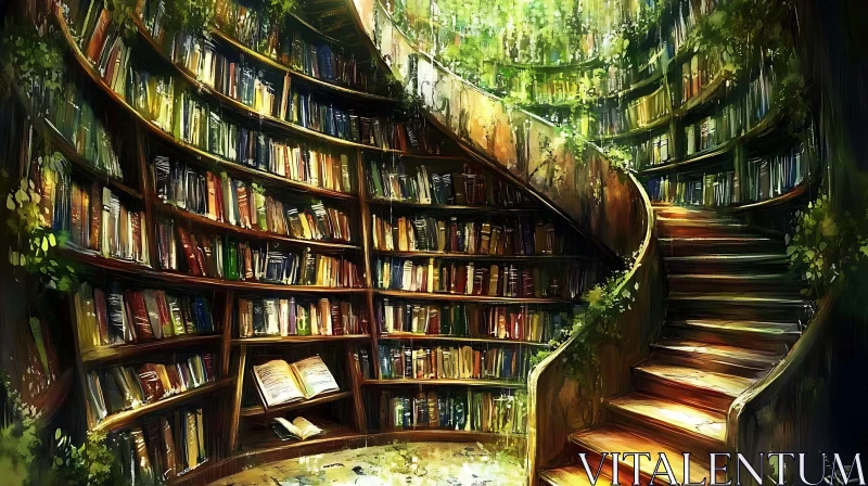 AI ART Enchanted Library Interior with Curved Bookshelves