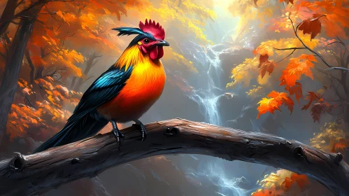 Colorful Bird and Autumn Cascade