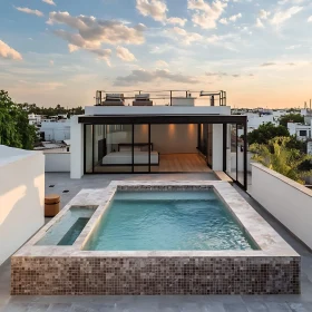 Sleek Rooftop Pool with Glass-Walled Room at Sunset