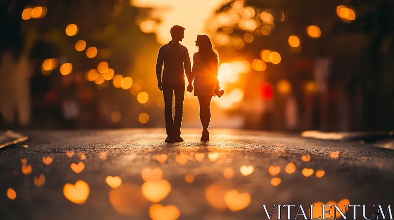 Sunset Romance: A Couple's Evening Stroll AI Image