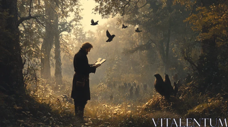 AI ART Man Reading in Misty Woods