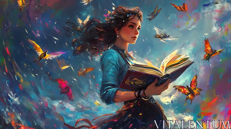 AI ART Dreamy Book Reader with Butterflies