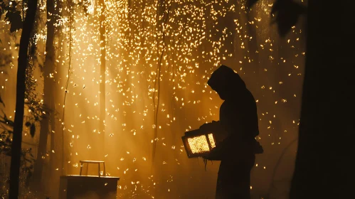 Silhouette in Forest with Lights