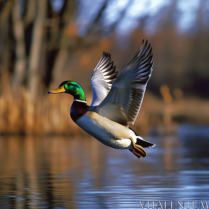 Duck Flying Over Reflective Water AI Image