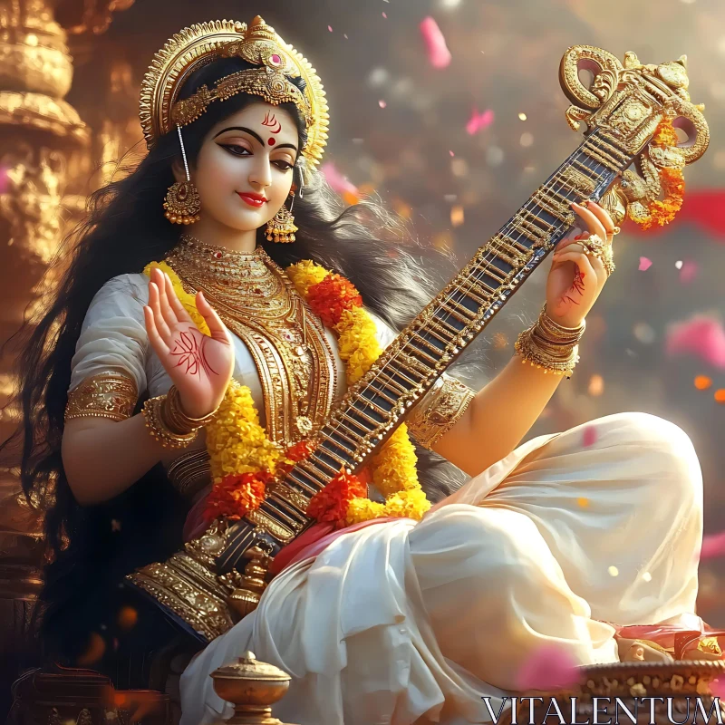 Indian Goddess Saraswati Playing Veena AI Image