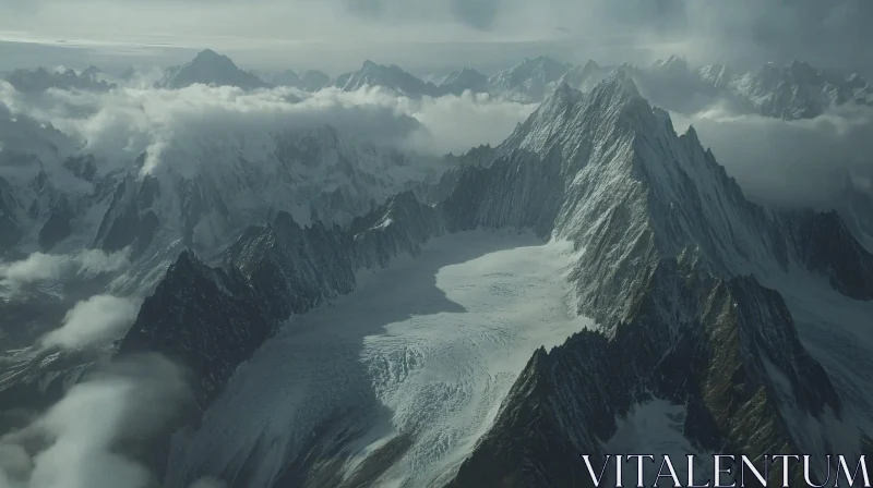 Ethereal Mountain Range Shrouded in Clouds AI Image