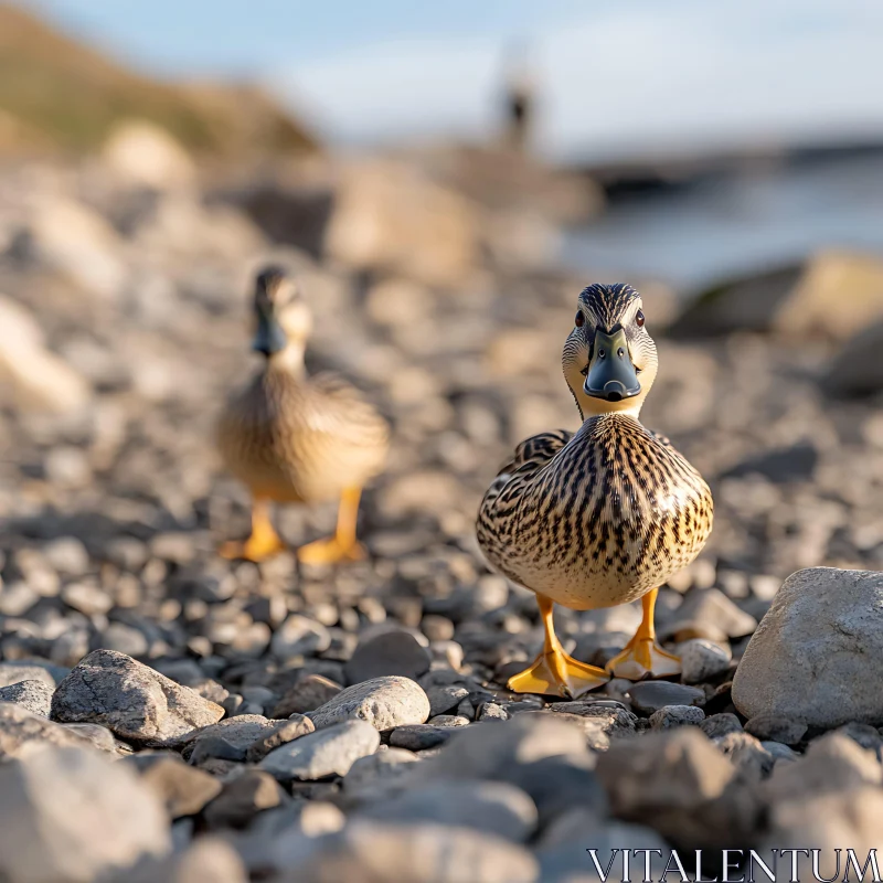 Two Ducks on a Pebble Beach AI Image