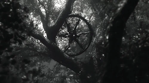 Monochrome Wheel in a Forest Tree