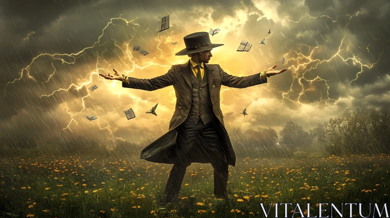 AI ART Mystical Wizard in Stormy Field