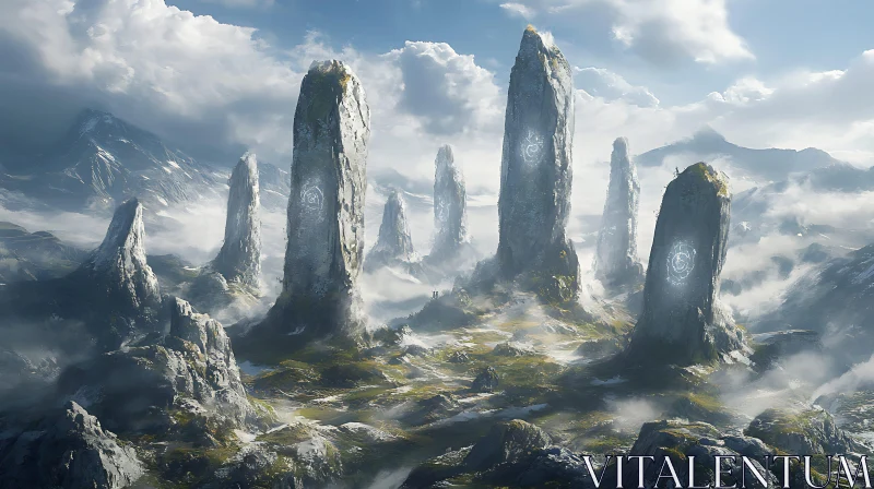 AI ART Ancient Stone Formations in Misty Mountains