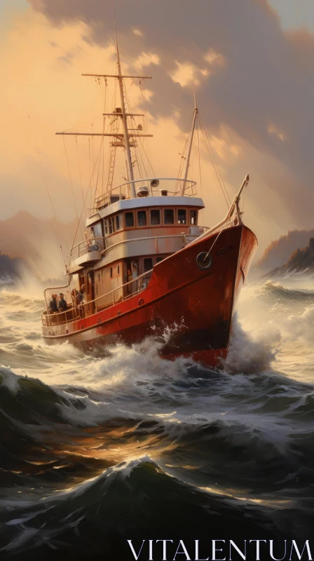 Captivating Red Fishing Boat in Ocean Waters AI Image