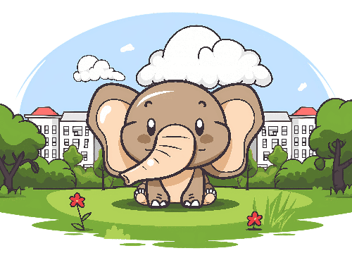 Cartoon Elephant in Field with Pink Bow Tie - Transparent Background