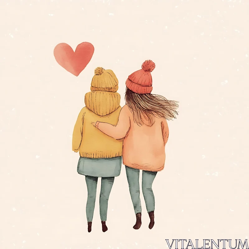 Two Friends and a Heart Illustration AI Image