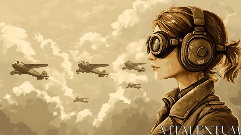 AI ART Sepia Skies: A Woman's Aviation Vision