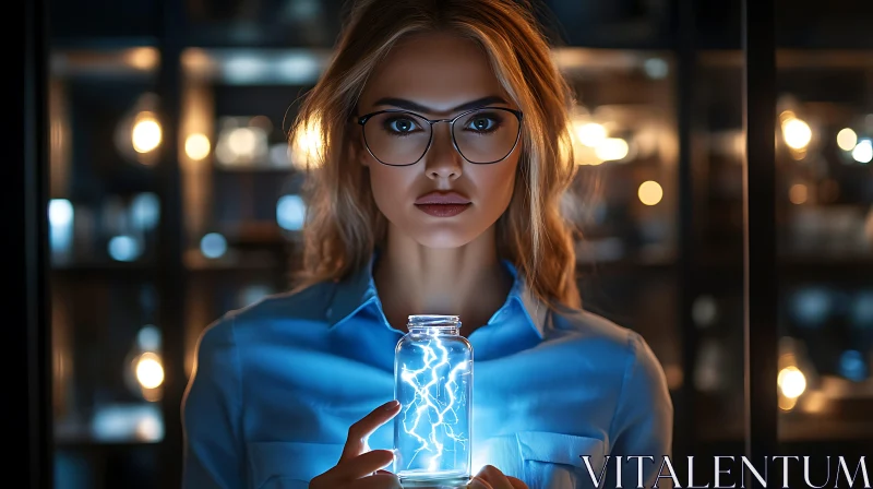 Electric Woman with Jar of Lightning AI Image