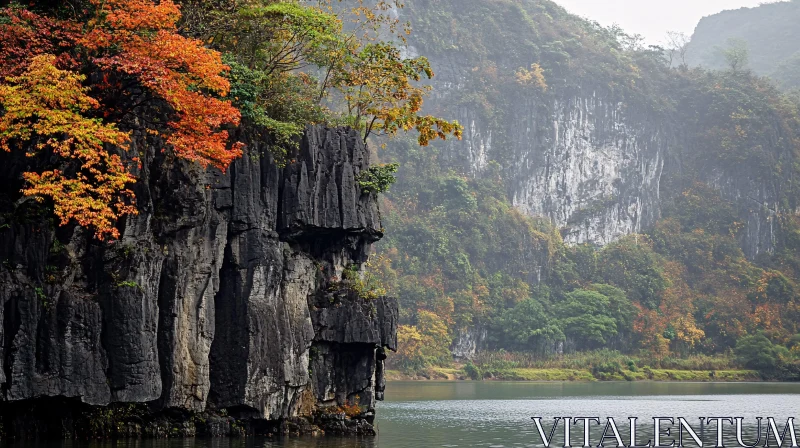 AI ART Autumn Cliff and Lake Reflection