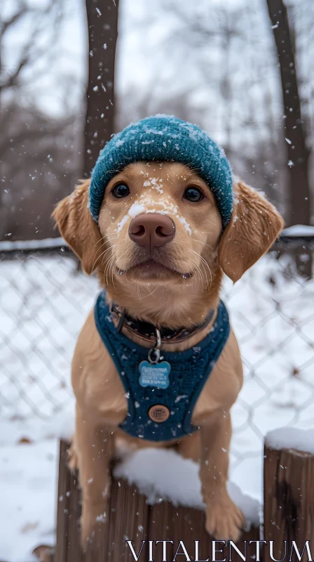 Puppy in Blue Hat with Snowflakes AI Image