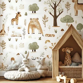 Playful Animal Wallpaper in Cozy Nursery