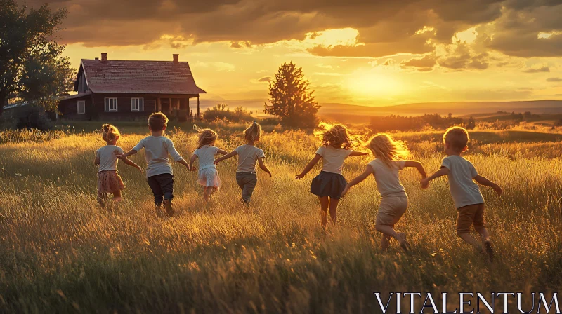 Kids playing in field at sunset AI Image