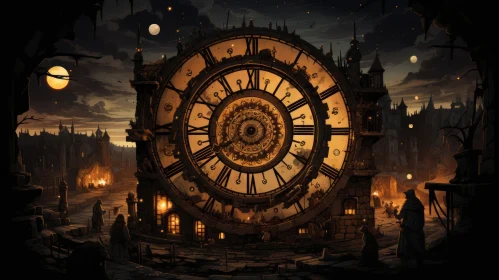 Mysterious Victorian-inspired illustration of a clock in a dark tower