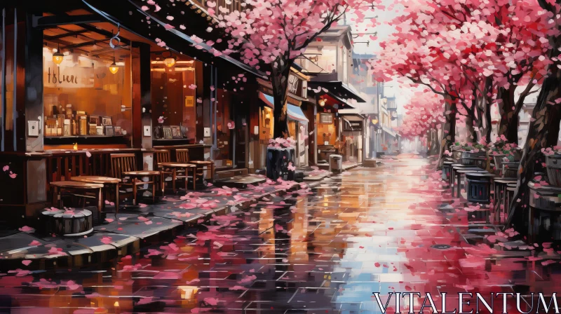 Rain-soaked Cherry Blossoms Painting in City Sidewalk AI Image