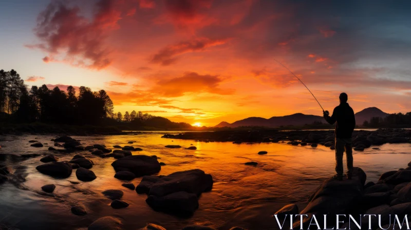 Sunset Fishing on the River: Mesmerizing Nature Photography AI Image