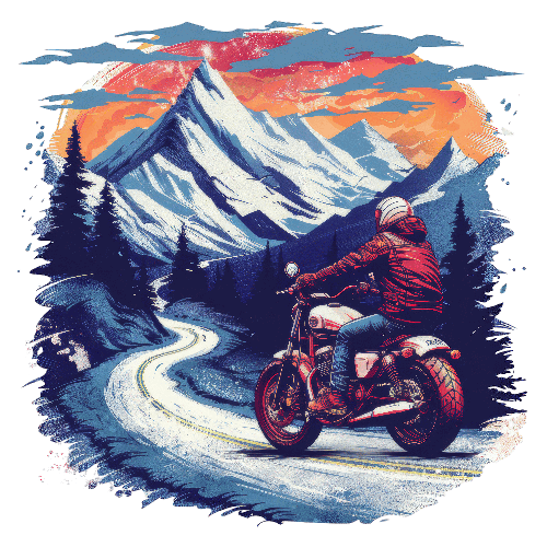 POD Design Winter Motorcycle Ride on Snowy Mountain Road