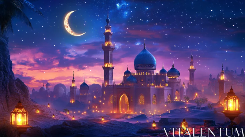 Serene Mosque at Night with Crescent Moon AI Image