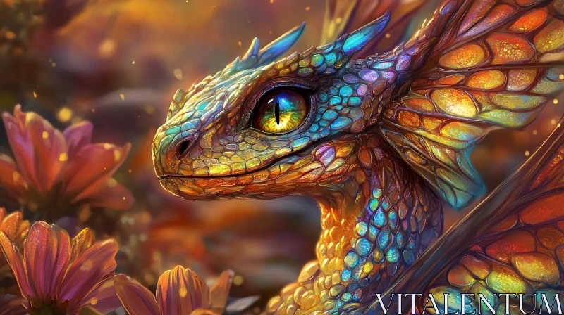 AI ART Colorful Dragon Portrait with Floral Backdrop